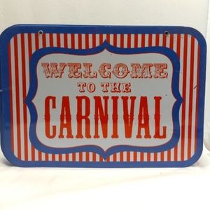 VINTAGE Horizon Group CARNIVAL TIN METAL SIGN #41879 Red White Blue 11.5"x8.5"